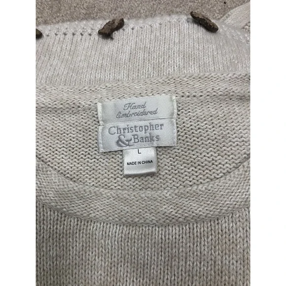 VTG Y2K Christopher & Banks Cat Sweater Women's Large Ivory Ramie Cotton - Picture 11 of 14